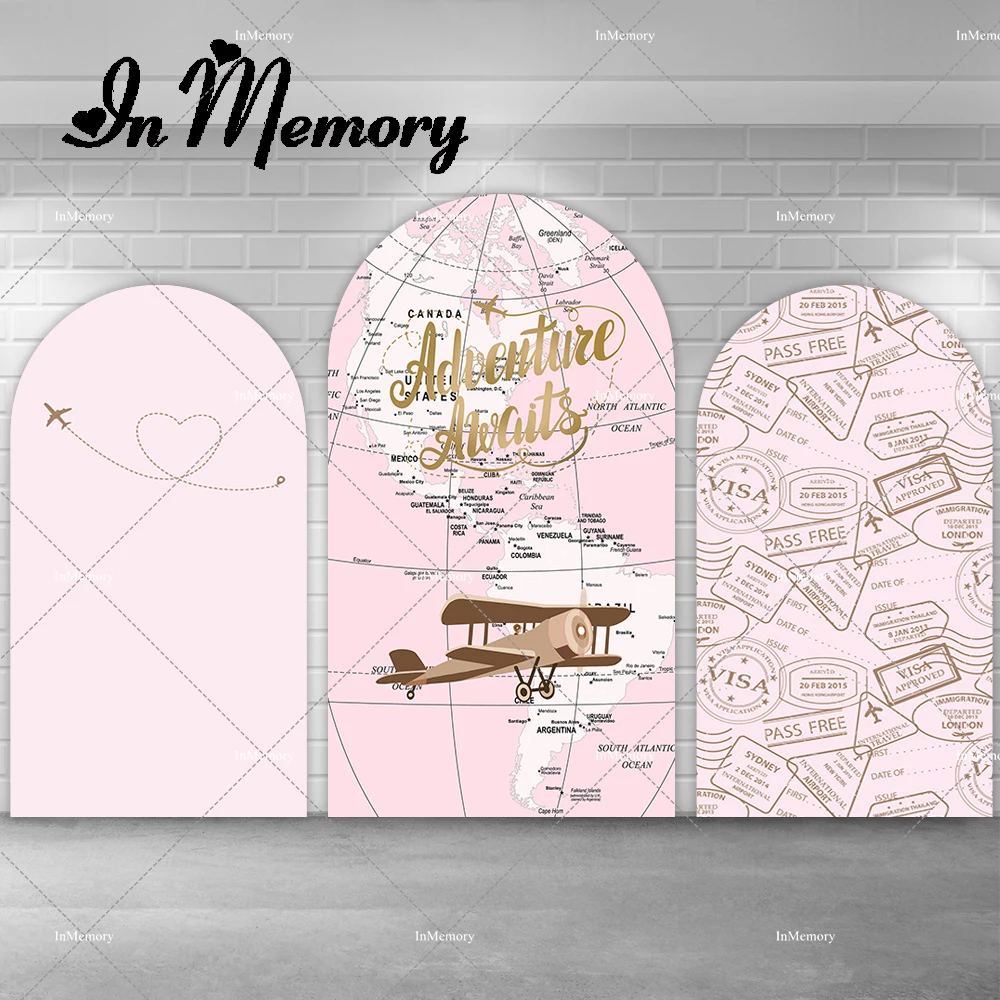 Adventure Awaits Baby Shower Arch Backdrop Cover World Map Airplane Travel Pink Girls Birthday Party Backgrounds Photo Studio