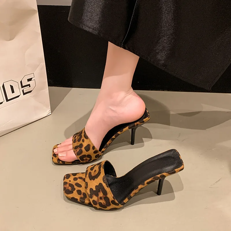 

High heels 2025 summer one-line leopard print square head stiletto large size sandals for women to wear outside with empty back