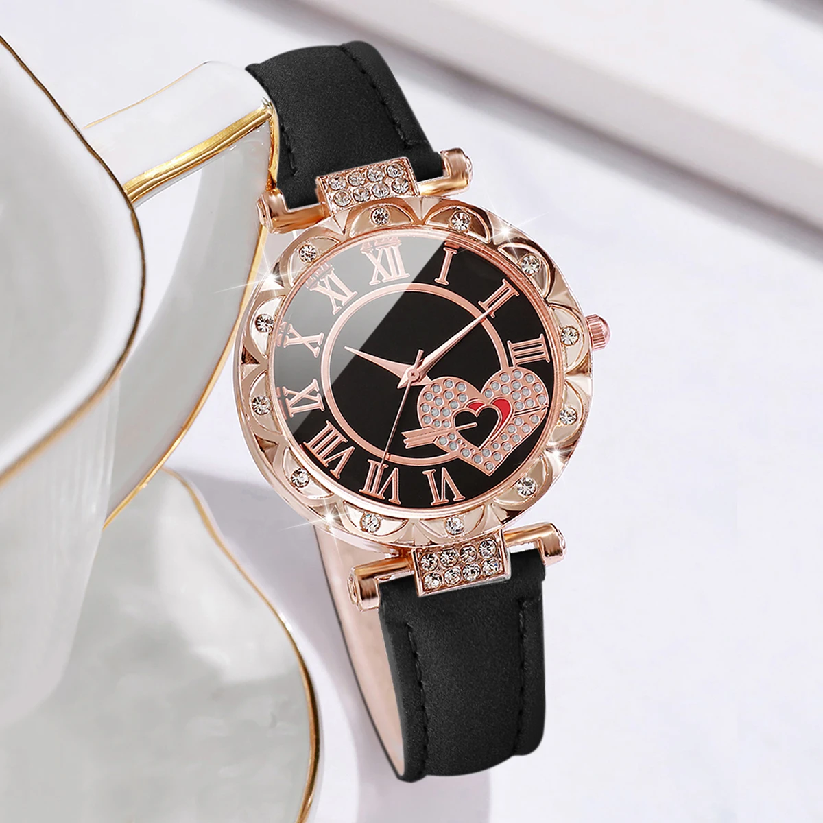 Montre à quartz en forme de cœur avec bracelet en cuir pour femme, ensemble de 2 pièces