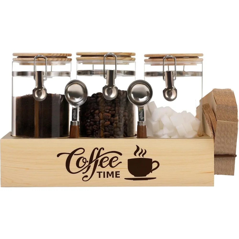 

3-Piece Glass Coffee Canister Set with Wood Shelf, Airtight Seal, and Spoons for Kitchen Storage