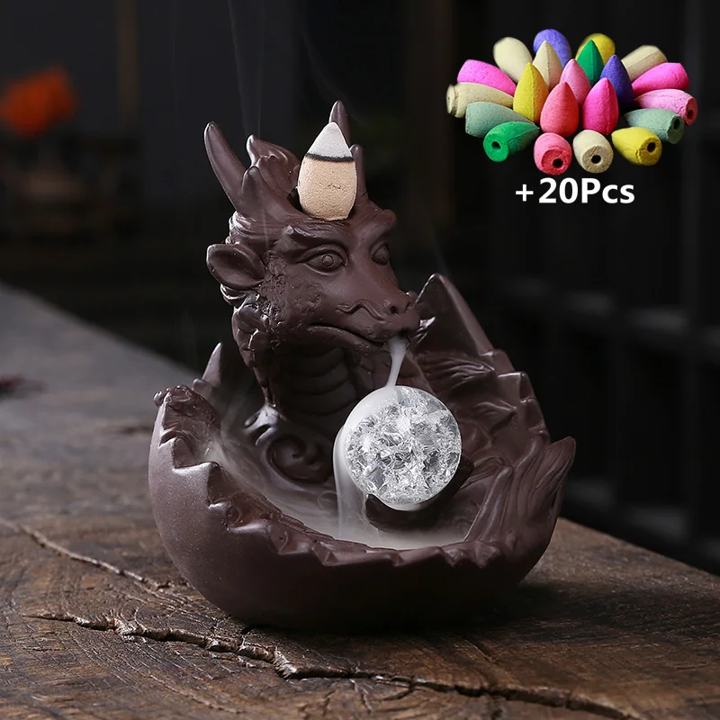 Ceramic Handiwork Dragon With Ice Crack Ball Home Office Decorate Backflow Incense Purple clay Censer