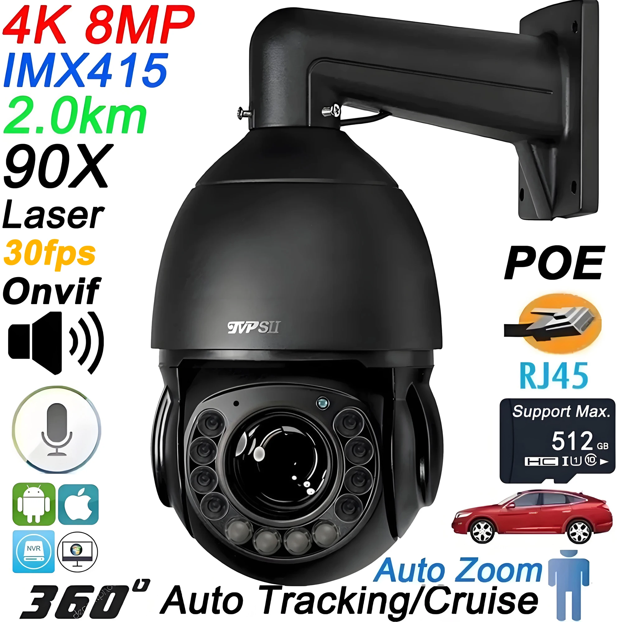 Max.512G Laser Infrared Onvif Metal Auto Tracking 8MP 4K 30fps 60X Optical Zoom 360° POE PTZ Speed Dome Surveillance IP Camera