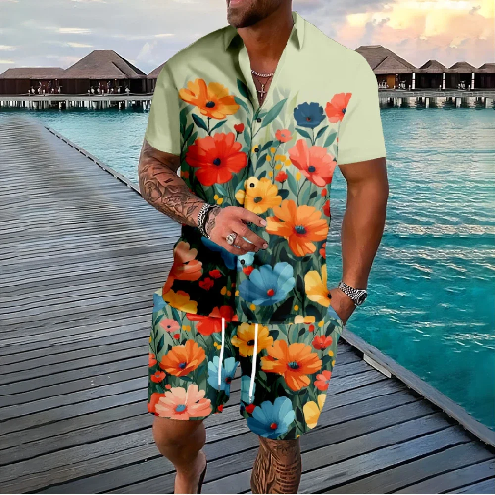 Hawaii bunga multiwarna tombol kemeja celana pendek musim panas motif bunga warna pantai set Hipster Streetwear pakaian olahraga pria