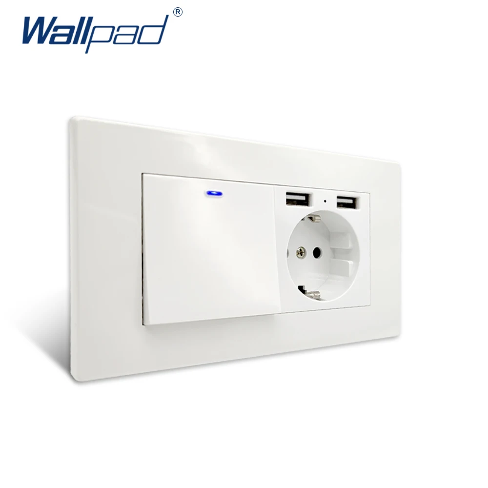 

Wallpad 146*86 мм, белая панель ПК, настенная розетка европейского стандарта с переключателем, светодиодный индикатор 1, 2, 3 группы, USB-порт для зарядки, мгновенный контакт