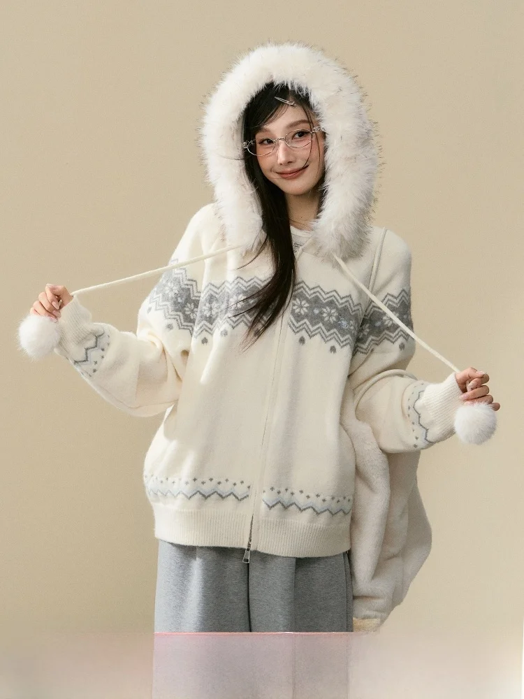 

ELEVEN SP Ladies Casual Sle Knitted Sweater Coat with Fur Collar Autumn Winter Loose Fit Comfortable Soft Polyester Blend