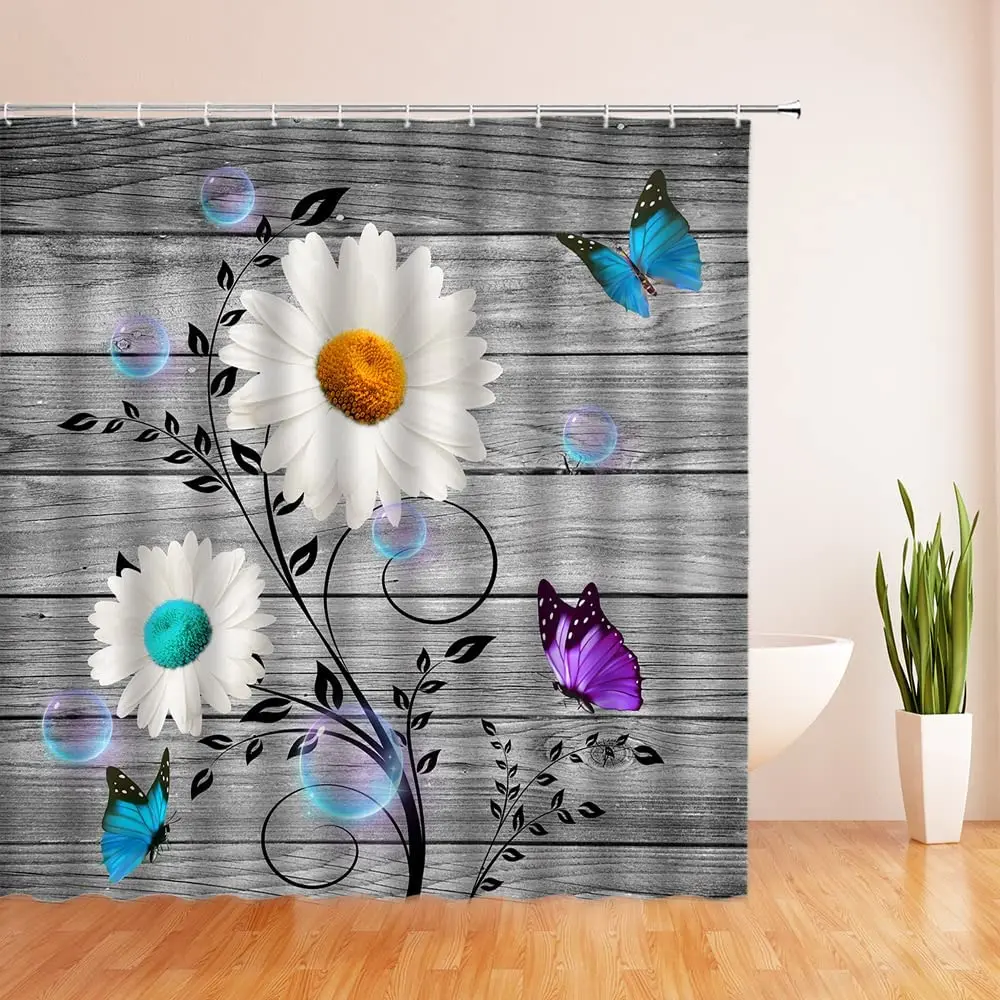 

Vintage Plant Daisy Shower Curtain Rustic Flower Butterfly on Wooden Board Natural Floral Waterproof Bath Curtains with Hooks
