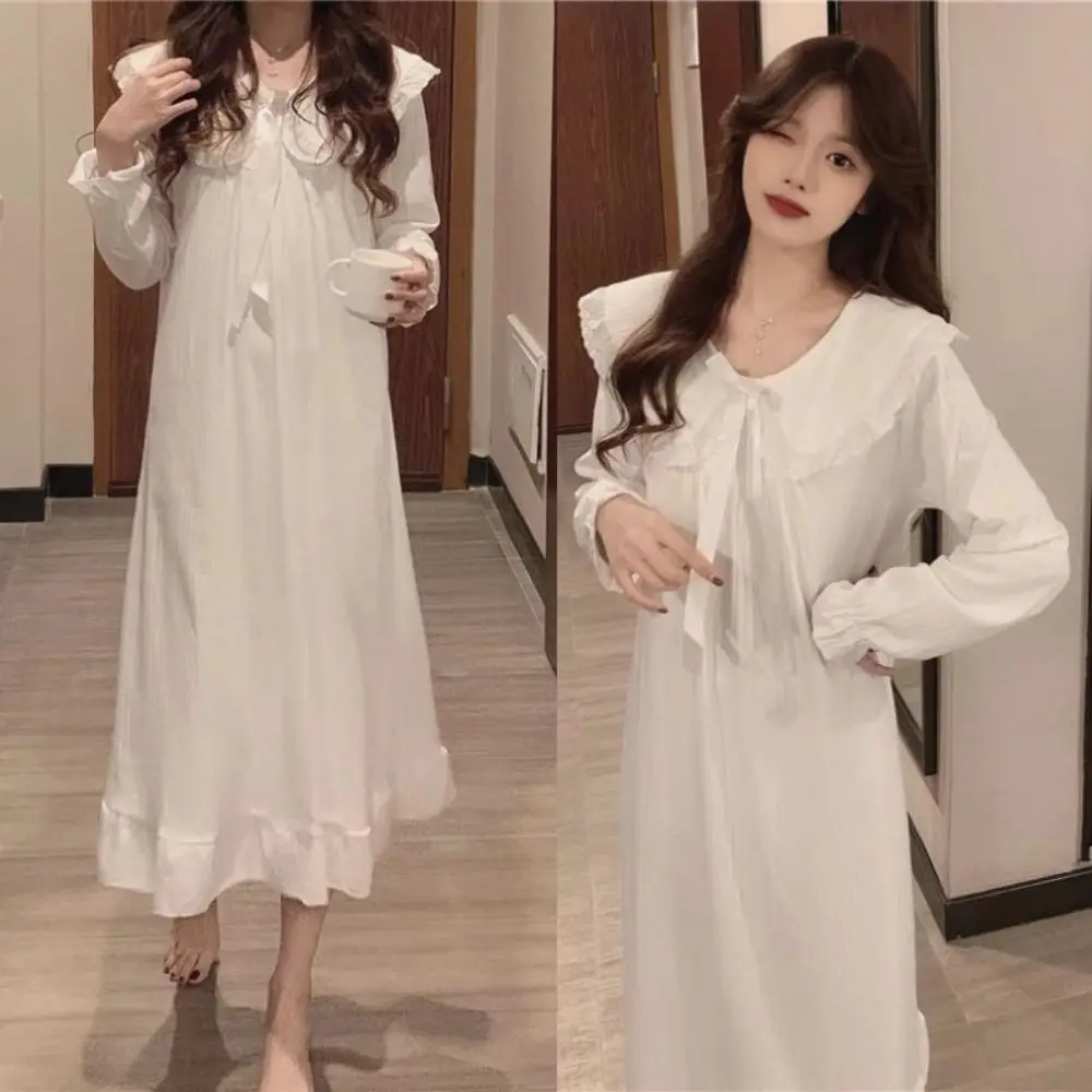 

Comfortable Lace Pajamas Nightgown Women Sweet Doll Collar Bowknot Ruffle Nightdress Bowknot Loose Long Sleeve Sleepwear Home