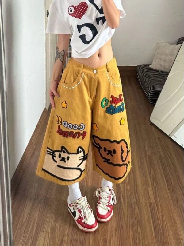 High Waist Embroidered Cartoon American Style Summer Thin Straight Leg Wide Leg Jeans mid Length Pants for Women Casual Loose...