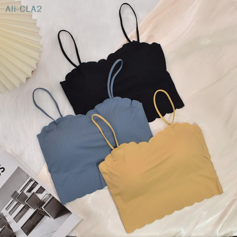 Summer Soft Ice Silk Crop Tops Women Wave Edge Design Sleeveless T-Shirt Spaghetti Strap Bra Top With Cups Solid Color Camisole