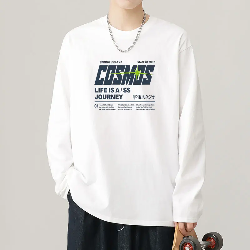 رسالة مطبوعة الرجال طويلة الأكمام تي شيرت القطن بسيط جولة الرقبة فضفاضة الخريف قميص رجالي #2