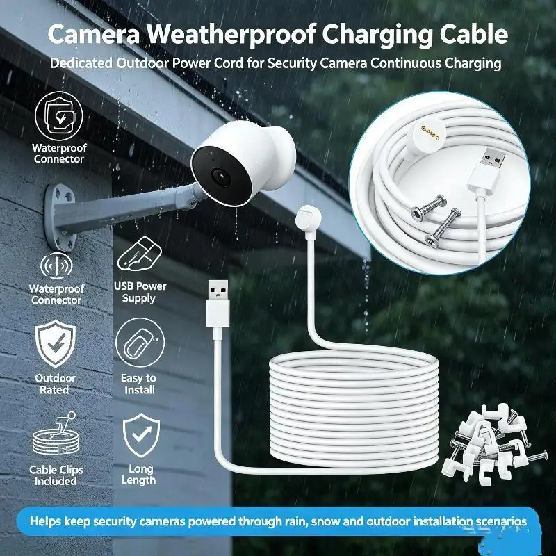 6ft Weatherproof Charge Cable for Nest Cam (Battery) Outdoor USB Charger Cord Flexible for Easy Outdoor Camera Installation