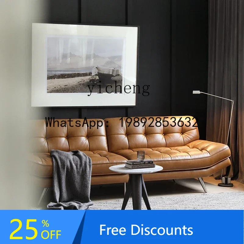 

Nordic Expression French Retro Style Moon Boat Full Genuine Leather Sofa Caramel Color