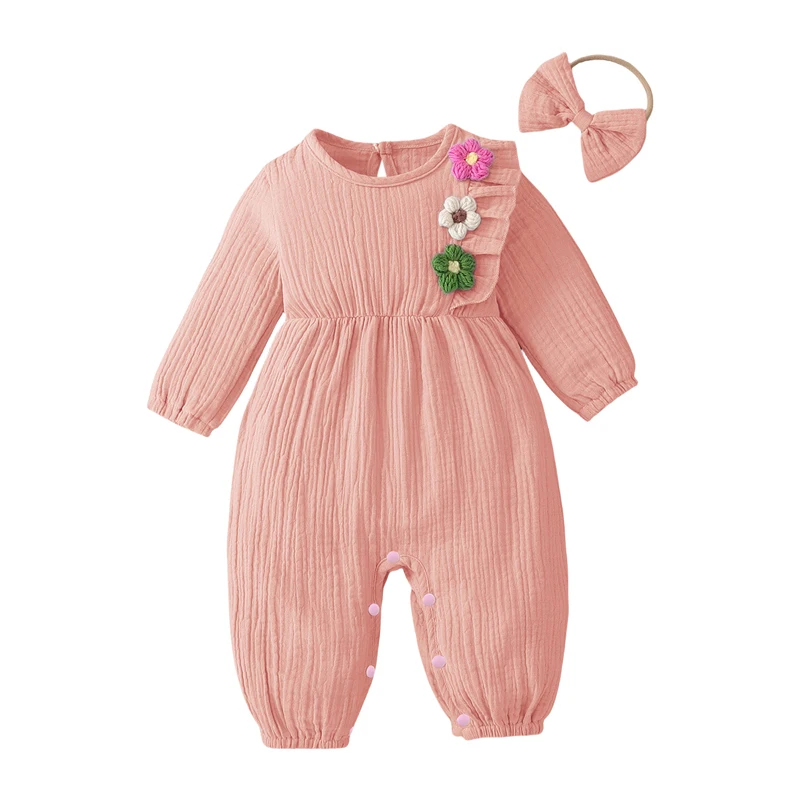 Baby Girls Rompers Flower Decor Long Sleeve Jumpsuits Fall Clothes Bodysuits with Headband