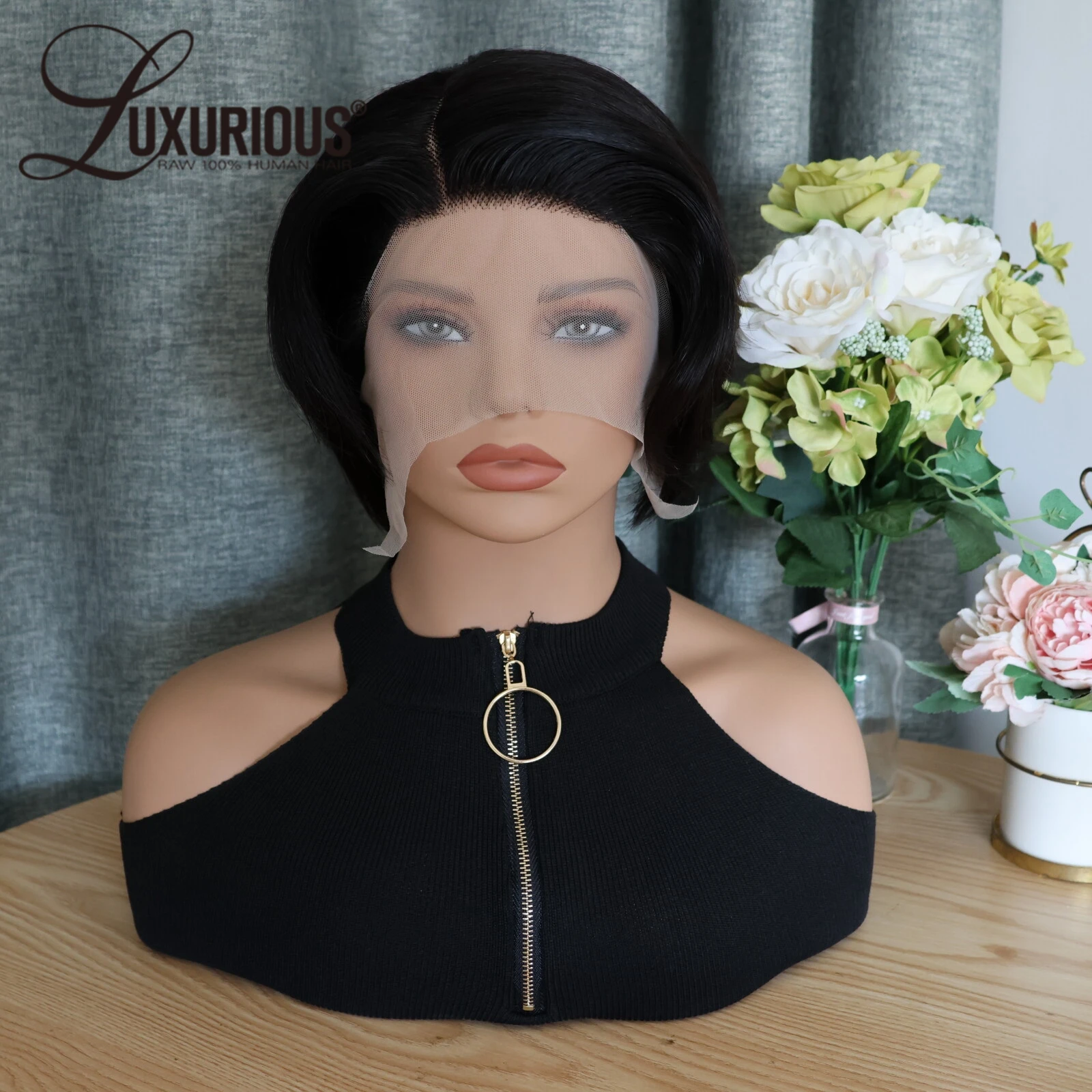 Straight Brazilian Remy Human Hair Side Part Lace Front Wigs For Women Pixie Cut Black Color Short Bob L Part Lace Frontal Wigs