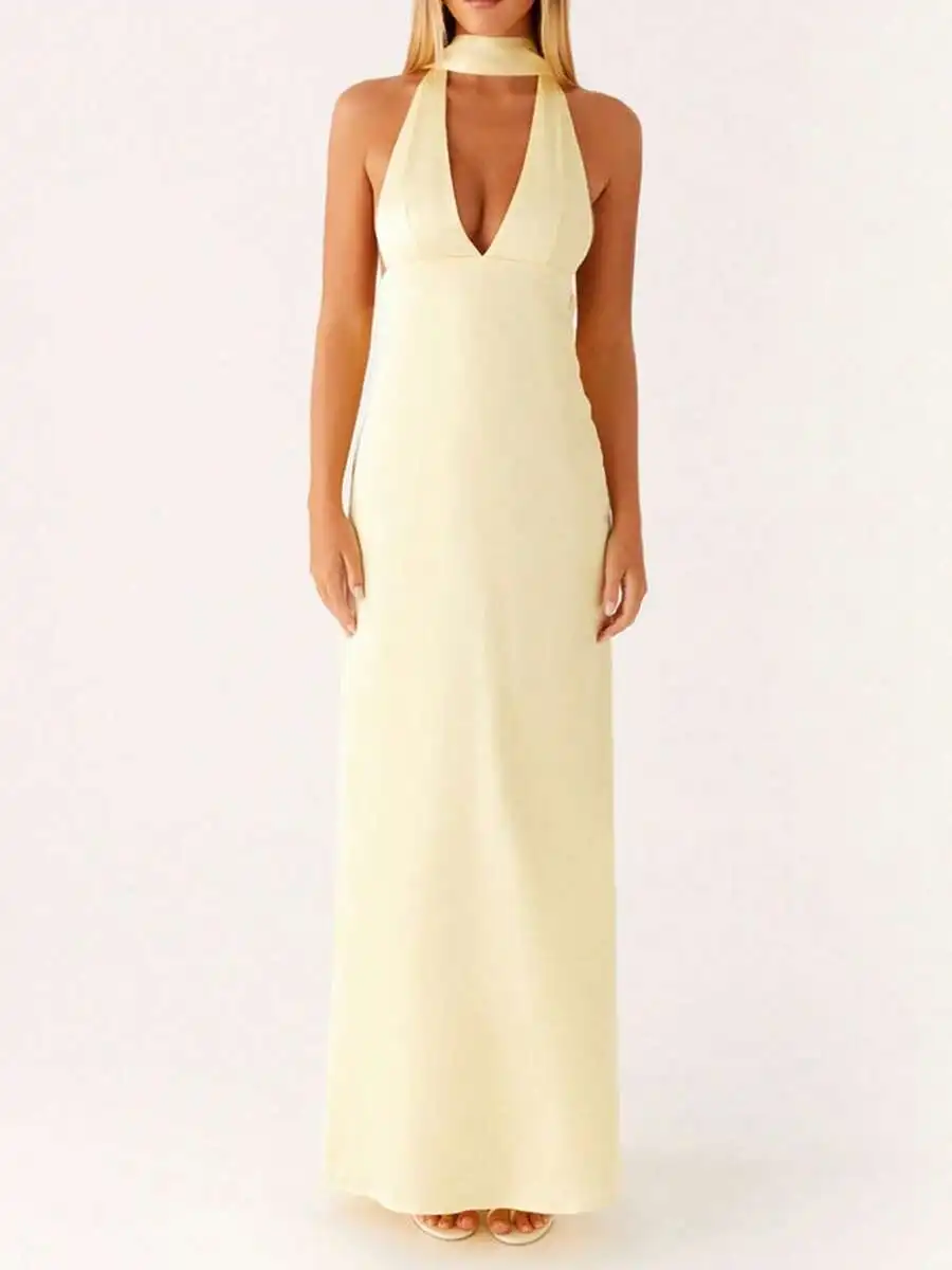 

Women Sleeveless Halter Neck V-Neck Formal Evening Maxi Dress Solid Satin