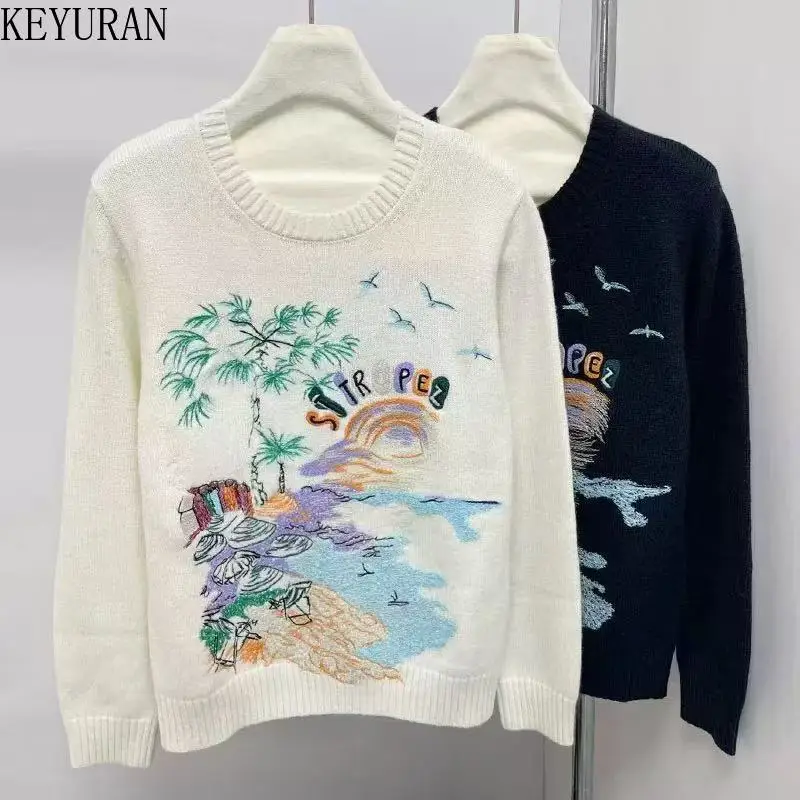 

Vintage Embroidery Knitted Pullover Women Sweater New Autumn Stylish Elegant Round Neck Long Sleeve Knitwear Tops Ladies Jumpers