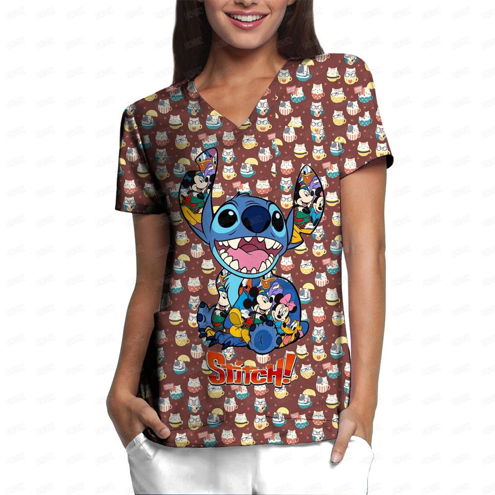 Disney Stitch print Nurse Uniform V-Neck Pocket Medical Uniforms starfish Nursing Scrubs Tops Workear Uniforme enfermera y2k