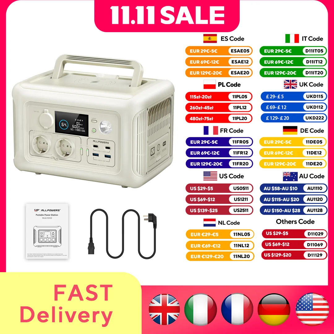 

ALLPOWERS R600 портативный генератор 299Wh 600 Вт электростанция с розетками переменного тока LiFePO4 батарея для дома палатки открытый RV кемпинг