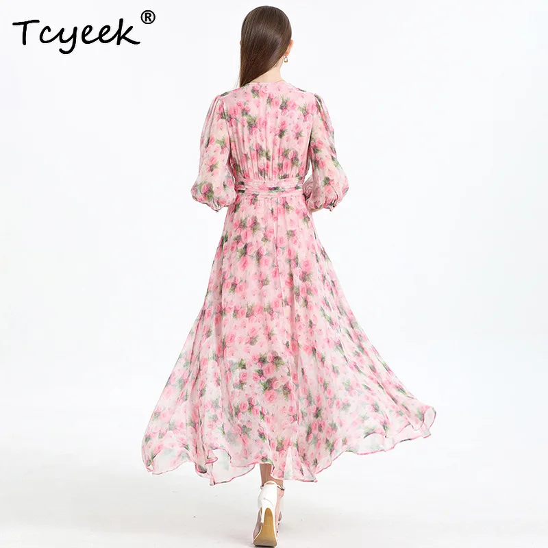 Tcyeek Abito floreale in vera seta di gelso al 100% Abiti estivi 2025 Donna francese dolce dimagrante scollo a V A-line Abito lungo nuovo 상ssi