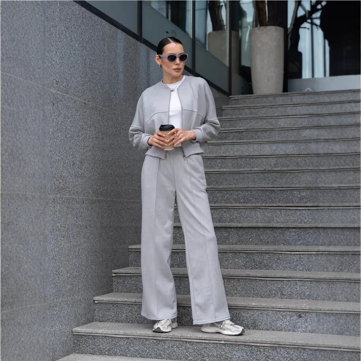 Women's Trousers 2 Pcs Suits O-neck Zipper Lantern Long Sleeve Suede Jackets High Waist Wide Leg Pants Autumn Ladies New Outfits