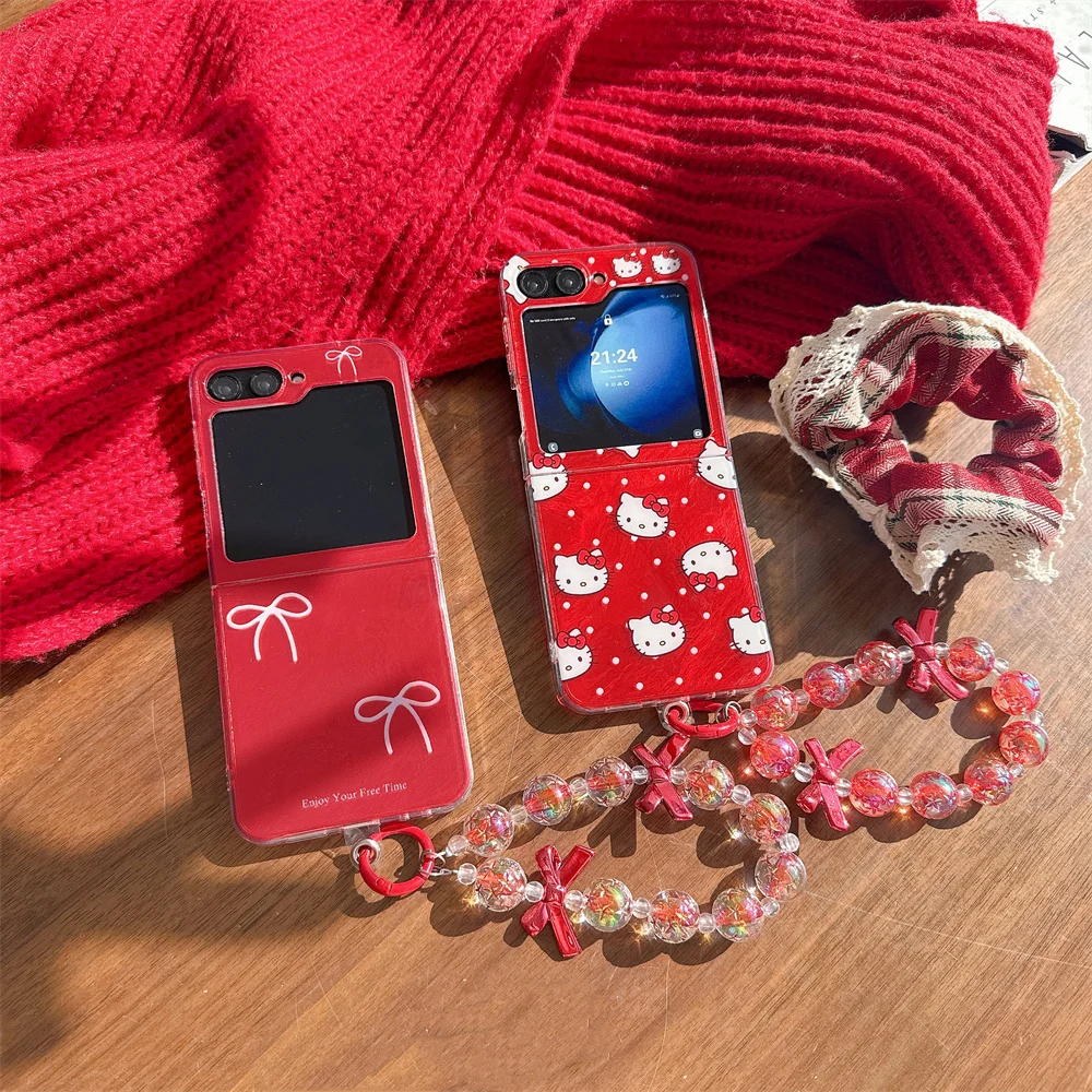 

Cute Bow Hellokitty Red Phone case for Samsung Galaxy Z Flip7 7FE Z Flip5 zflip6 Cover Cartoon With Chain Shockproof Funda Cases
