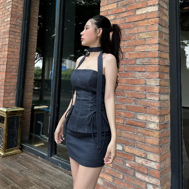 WhereMery Women Formal Occasion Two Piece Set Sexy Side Cross Bandage Solid Tube Tank Top With Skinny Slim Skirt 2023 Summer New