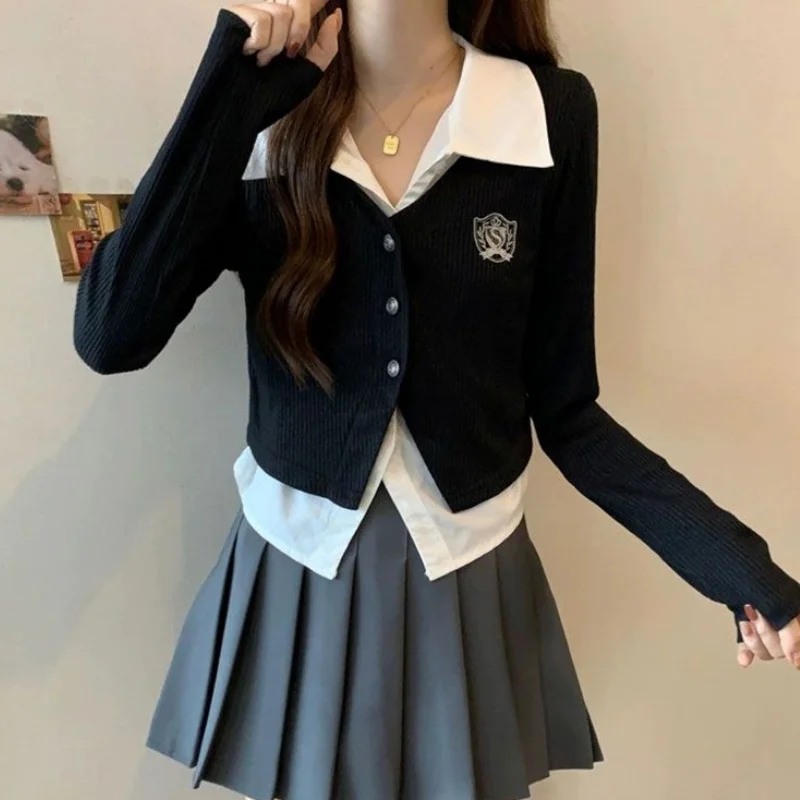 New Korean Style Women Lapel Collar Design Fake Two-Piece Spliced Craft Classic  College Look Fashion Daily Long Sleeve Top