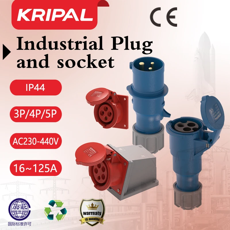 Kripal Industrial Plug and CEE Socket Male And Female Electrical Connector 3PIN 4PIN 5PIN 16A/32A Wall Mount Plug