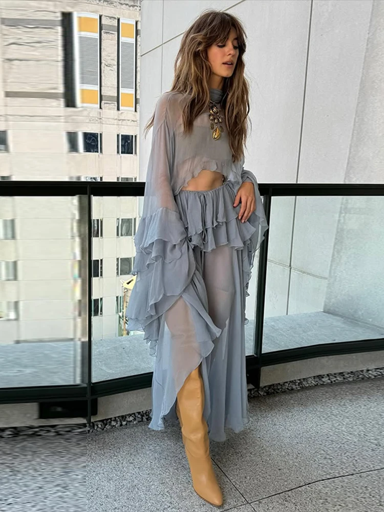 أطقم تنورة طويلة مثيرة مكشكشة للسيدات شفافة من خلال الياقة المدورة وأكمام مضيئة قطع علوية قصيرة بطيات على شكل حرف a تنانير صيف 2025 للسيدات