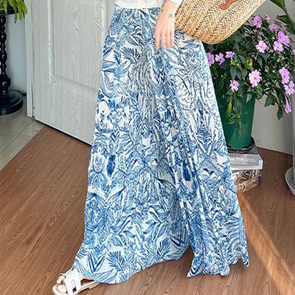 Pantalones con estampado de porcelana blanca y azul, pantalones de pierna ancha holgados informales plisados, pantalones de tubo nuevos de estilo nacional de cintura alta para verano