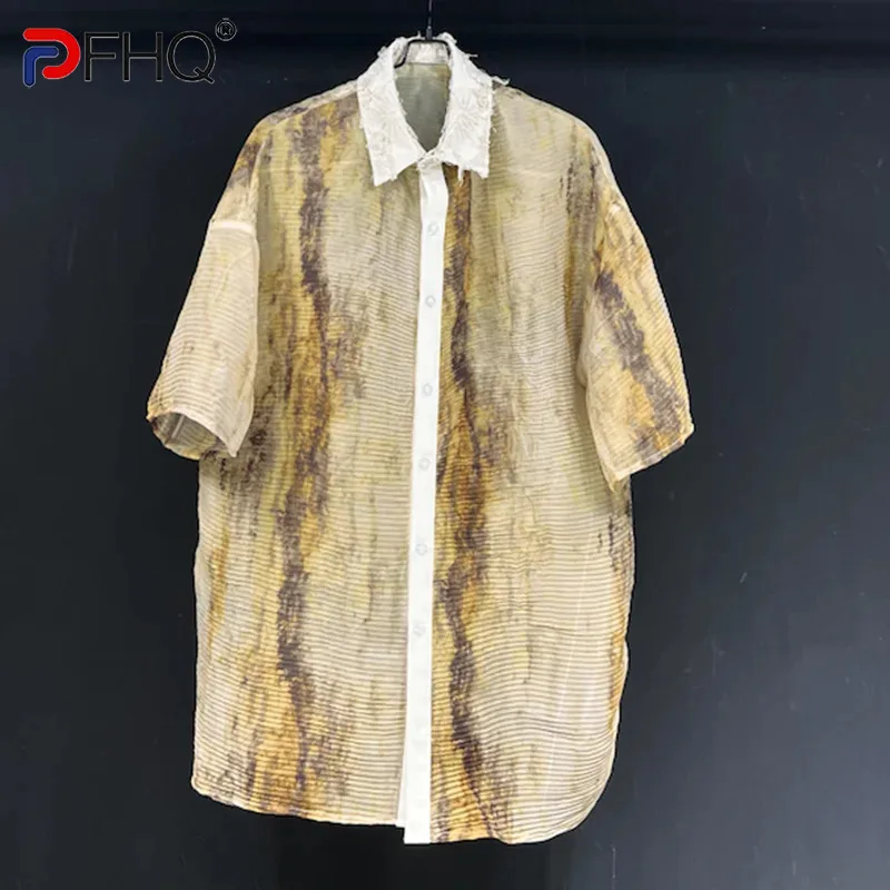 

PFHQ Men's Ink Tie Dyed Short Sleeve Shirt American Personalized Summer Pleated Handsome Button Luxury Vintage Tops Male 21Z5033