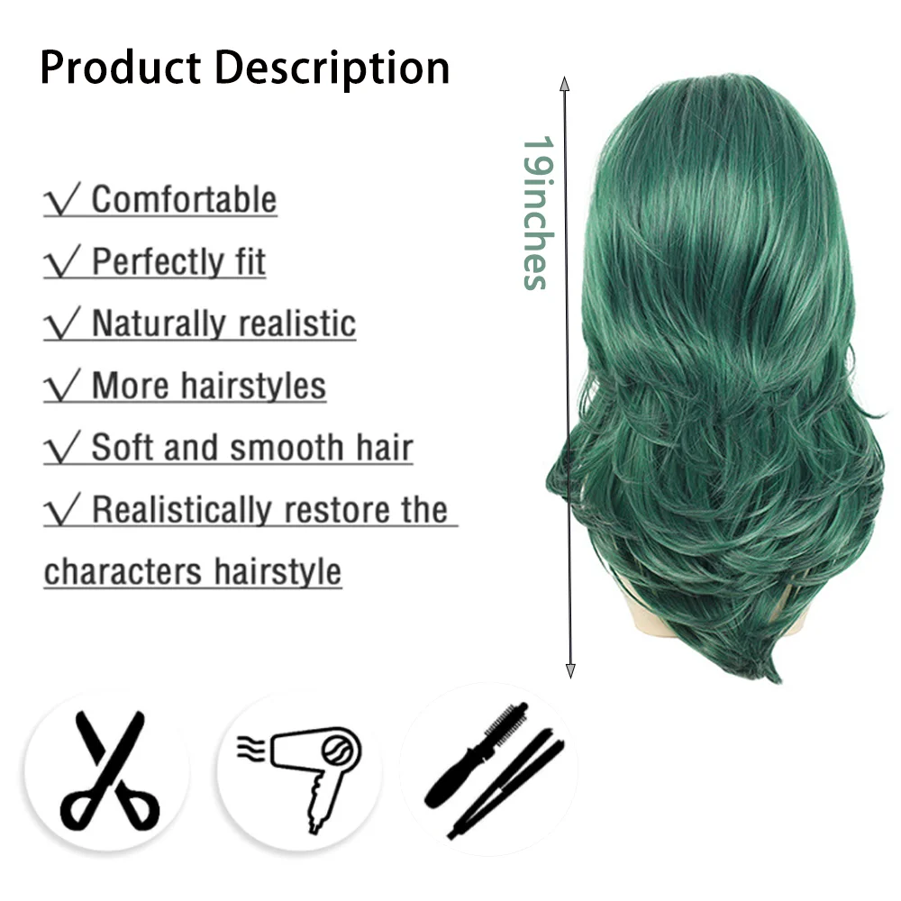 Peruca Sintética Verde de Alta Qualidade de 19 Polegadas com Camadas Onduladas, Adequada para Uso Diário, Festas e Cosplay, Natural e Resistente ao Calor