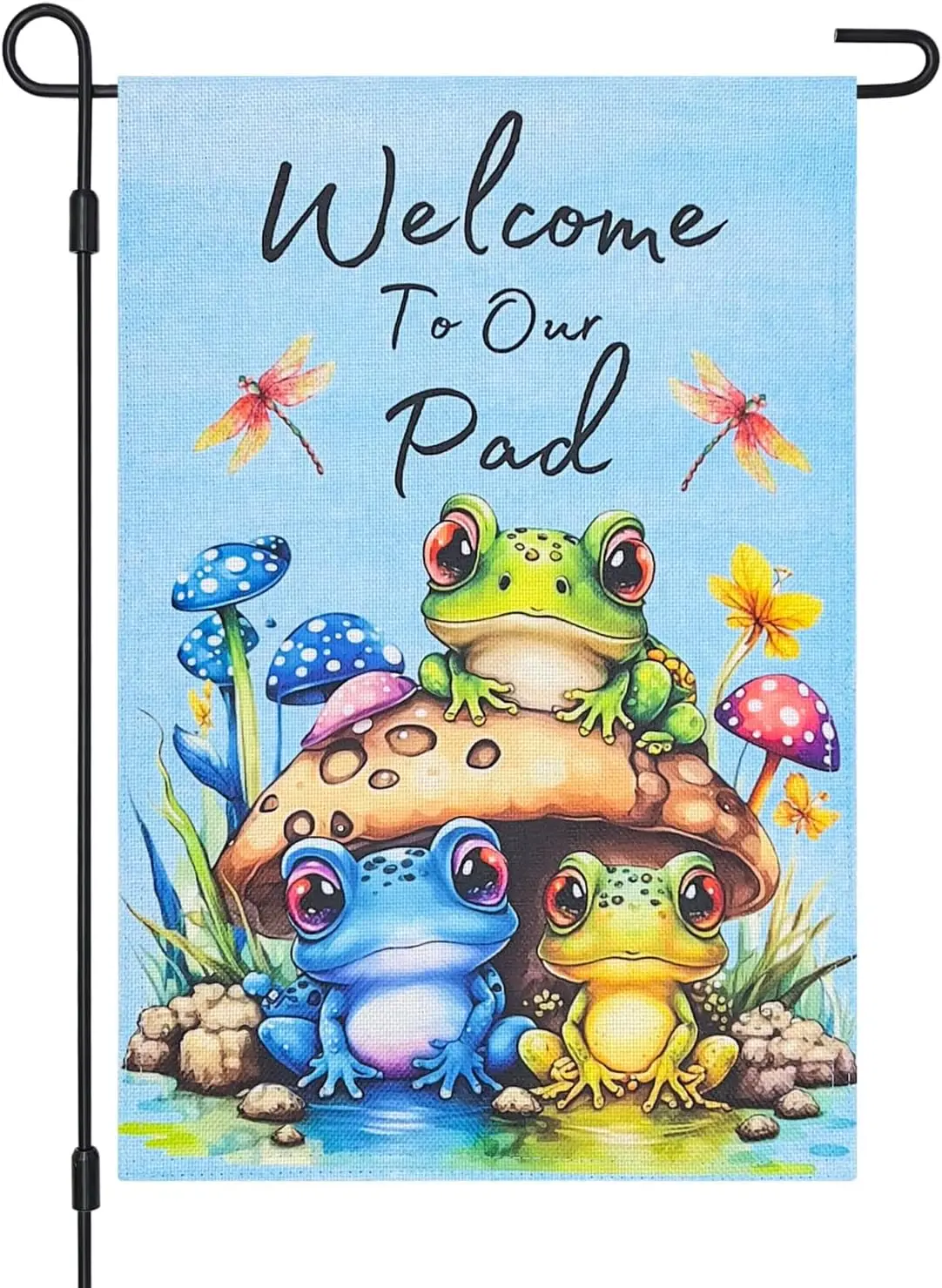 Welcome to Our Pad Frogs Garden Flag for Outside 12x18 Inch Double Sided,Small Vertical Burlap Summer Pond Flags for Yard Lawn P