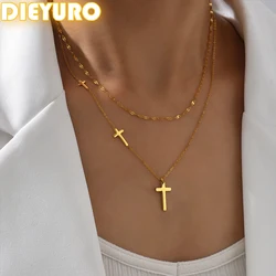 DIEYURO 316L Stainless Steel Golden Fashion Cross Double-layer Necklace For Women Girl Trend New Neck Chain Jewelry Party Gift