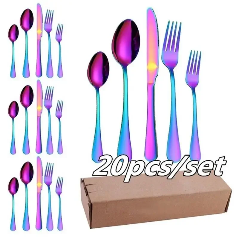 20Pcs/Lot Multicolor Flatware Set Stainless Steel Dinner Forks Spoon Knife with Titanium Plating Rainbow Cutlery Dinner Set