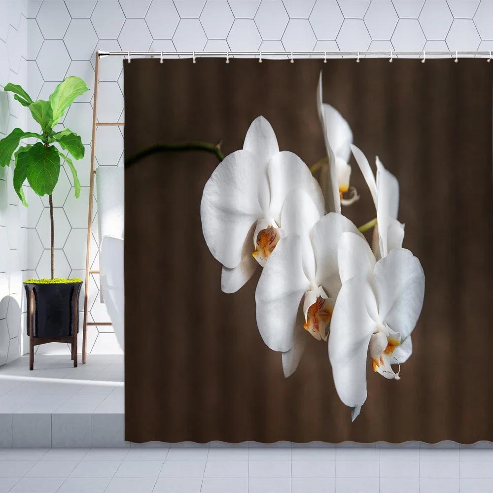 White Orchid Flower Shower Curtain Phalaenopsis Color Beautiful Floral  Plant Bathroom Polyester Cloth Hanging Curtains Set