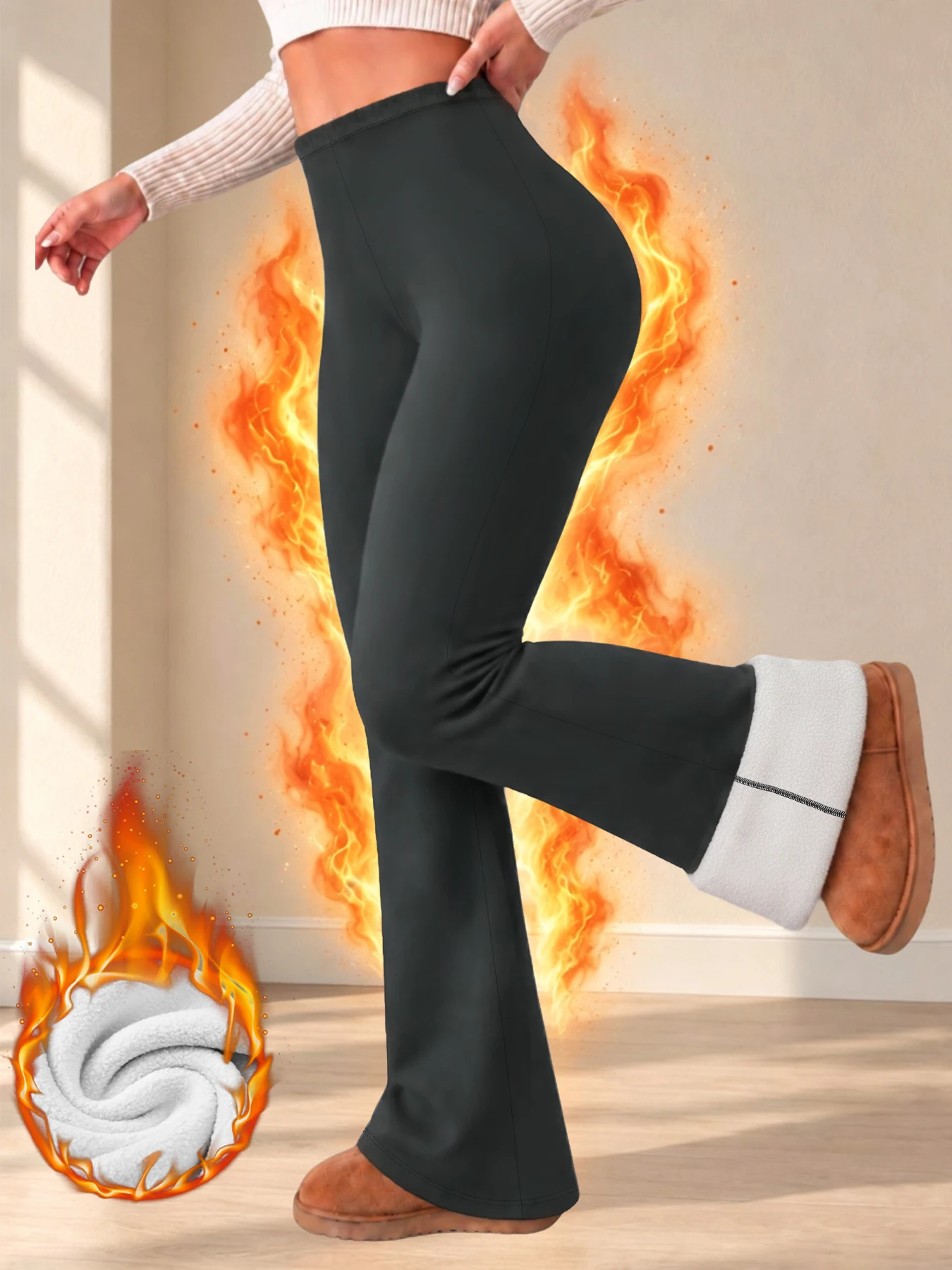 Fleece-gefütterte Leggings mit ausgestelltem Bein für Damen, dicke, weiche, wärmende Thermohosen für den täglichen Gebrauch und zum Entspannen im Winter. – Detail 7