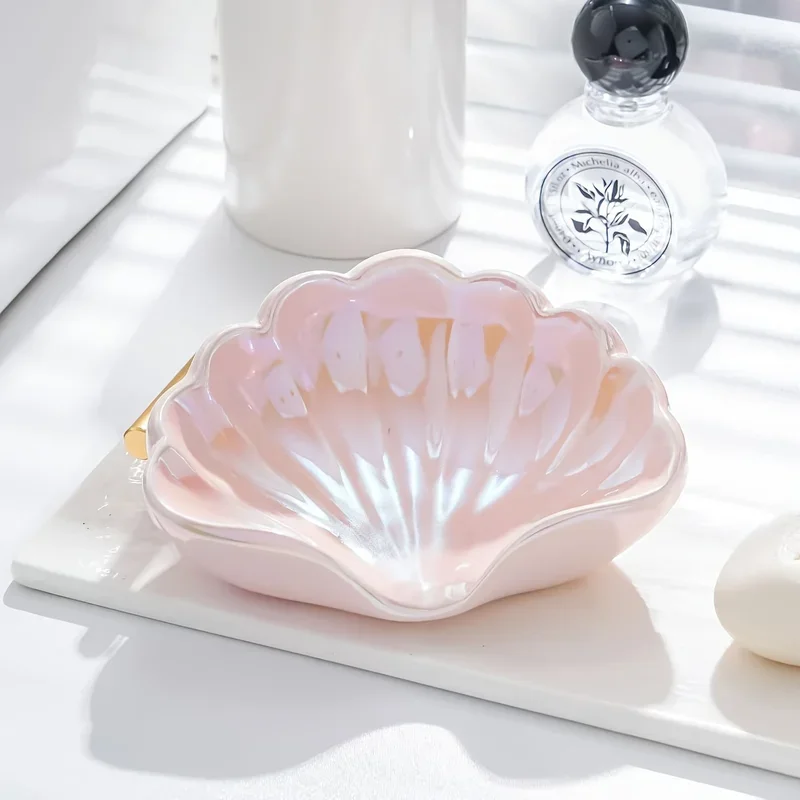 

Elegant Pink Ceramic Seashell Jewelry Tray and Soap Dish - Glossy Finish, Ideal for Valentine's Day,Home Decor Accent
