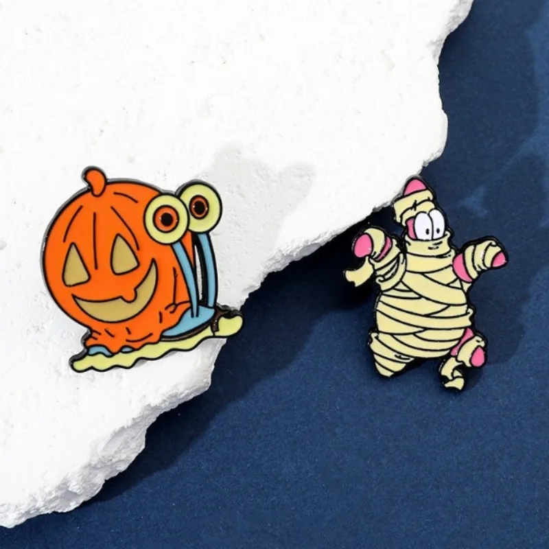 2pcs/set SpongeBob SquarePants Snail Enamel Creative Halloween Skull Pumpkin Donut Brooch Anime Badges Lapel Gift for Friends - view 2