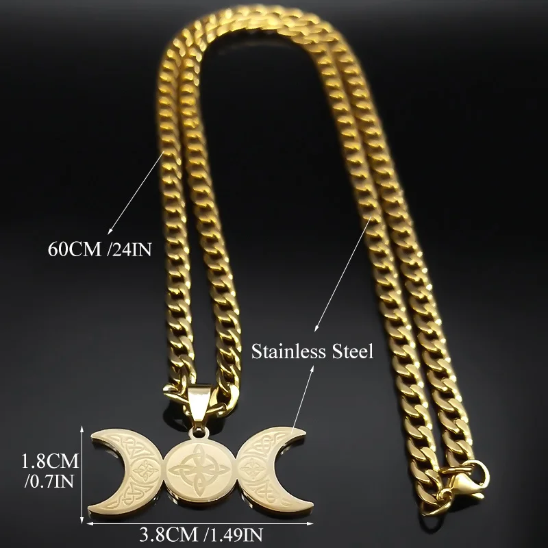 Wicca Triple Moon Crescent Goddess Witch Celtic Knot Necklace for Women Men Stainless Steel Aesthetic Jewelry Gift N3007S03