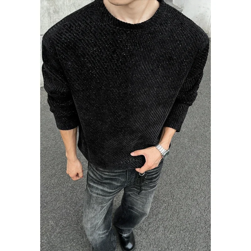 Men Crew Neck Long Sleeve Sweatshirt Diagonal Stripe Jacquard Fabric Loose Oversized Fit For Autumn Street Daily Outfit view 3