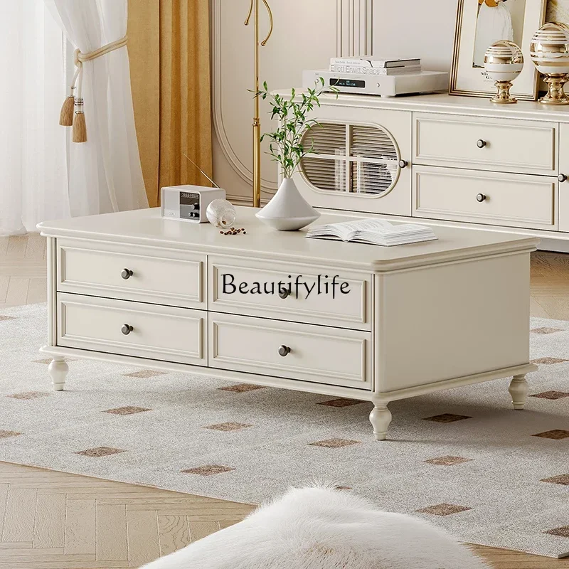 

LD33French cream style white solid wood coffee table rectangular simple modern long coffee table