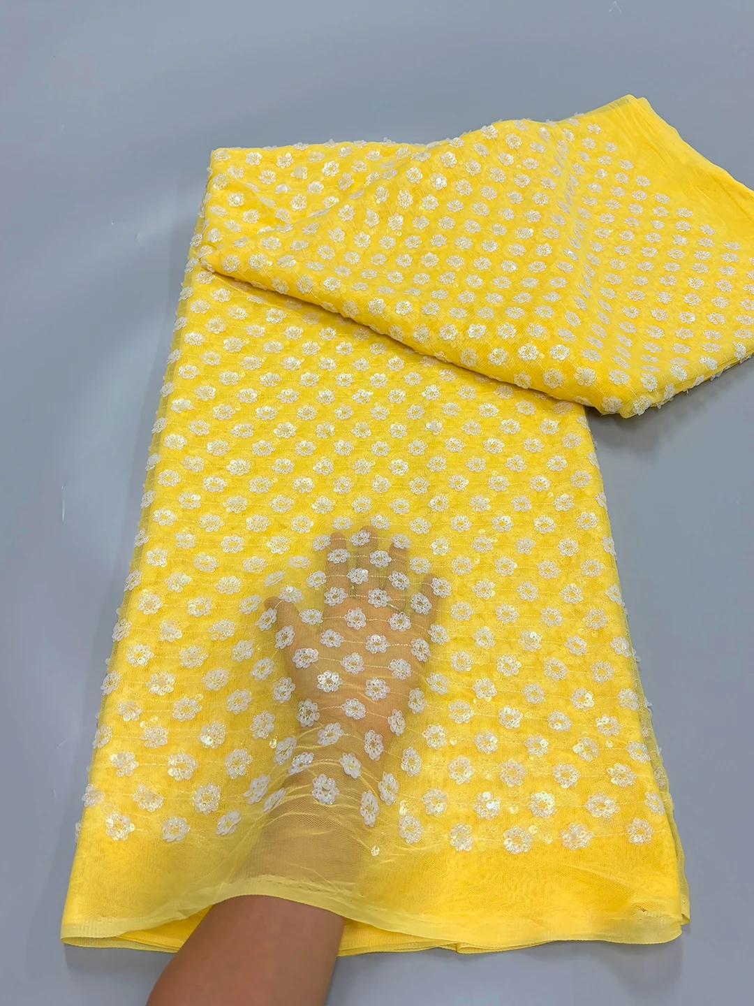 

Yellow African Mesh 3D Sequins Lace Fabric 5Yards High Quality Nigerian French Milk Silk Lace Fabric for Wedding Dress Sewing