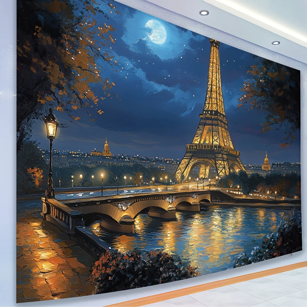 Eiffel Tower at Night Polyester Tapestry - Enchanting Parisian Bridge Scene with Moonlit Sky, Ideal for Room and Living Room Dec