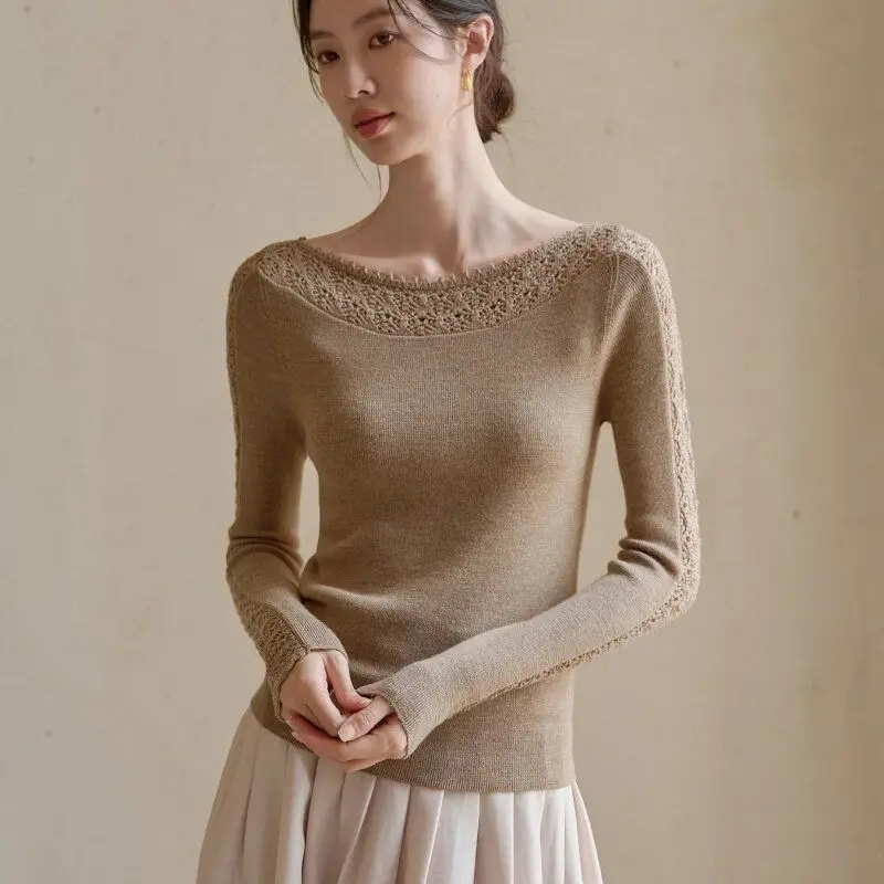 Ladies Boat Neck Crochet Knitted Shirt Hollow Out Sleeve Design Long Sleeve Slim Casual Knitwear
