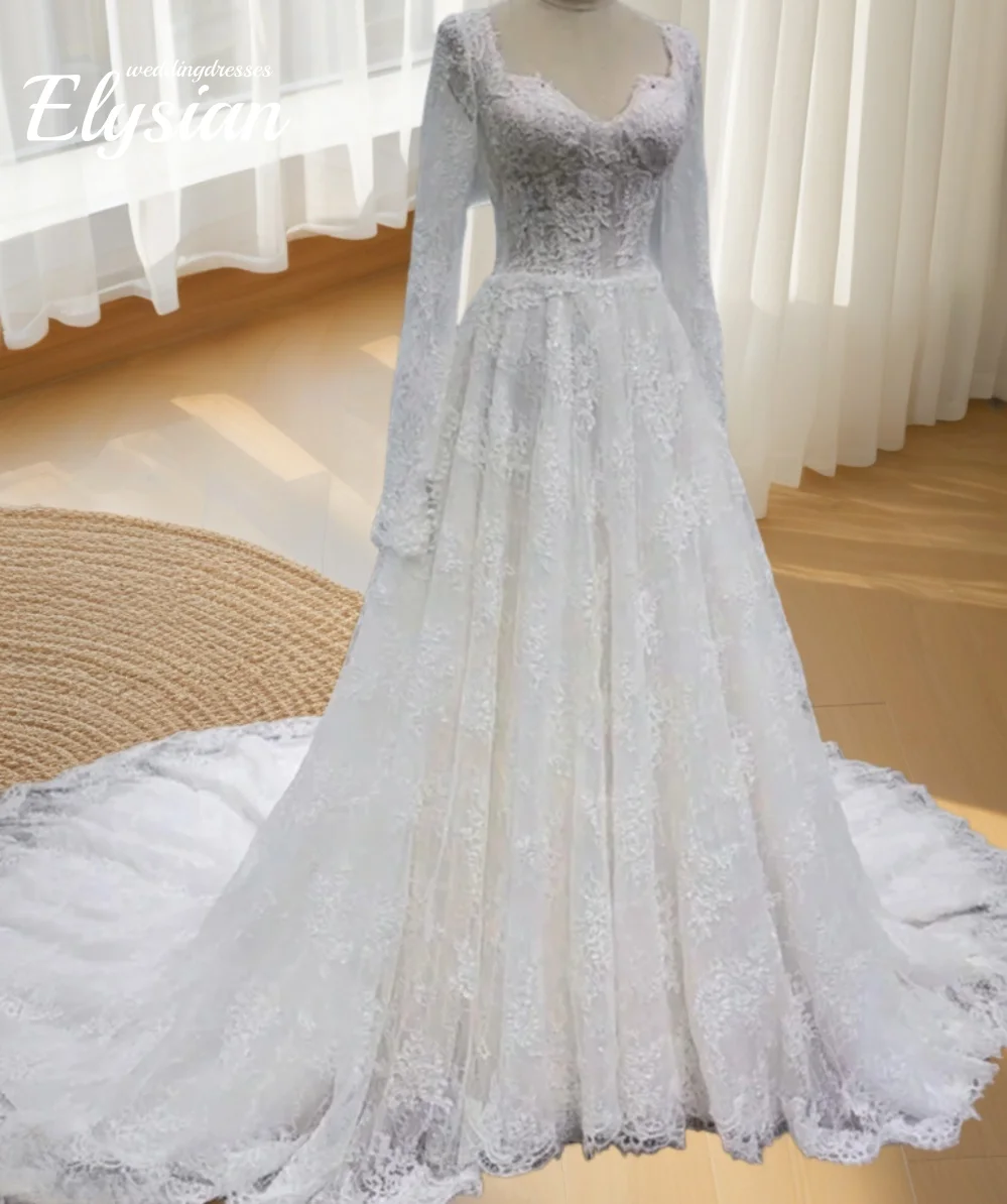 Maßgeschneidertes neuestes Hochzeitskleid A-Linie, elegante Spitze, volle Ärmel, herzförmiger Ausschnitt, Brautkleid, Vestidos De Novias2026