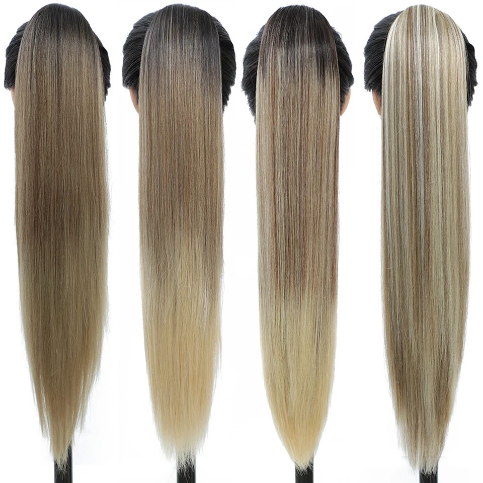 Extensiones de Cabello sintético con cola de caballo recta para mujer, Clip de cabello Natural, cola de caballo falsa con cordón de 28 pulgadas