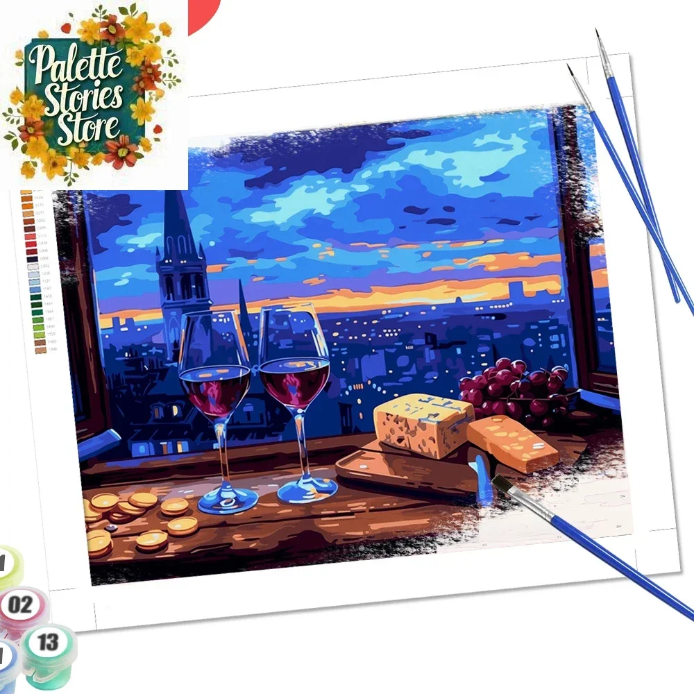 

Пейзажная картина по номерам, красное вино, сыр, виноград, нарисованный по номерам, городская улица, ручная роспись, домашний декор, безрамный