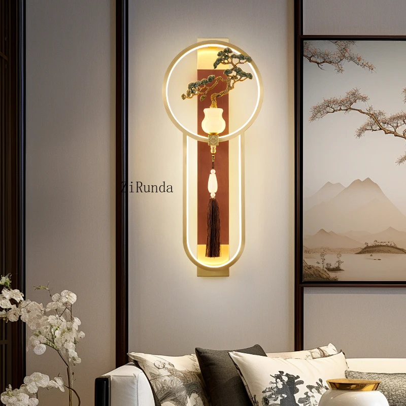 *مصباح جداري على الطراز الصيني الجديد مصنوع بالكامل من الخشب الصلب المصنوع من النحاس لغرفة المعيشة وخلفية الجدار مصباح بجانب السرير لغرفة النوم على الطراز الصيني