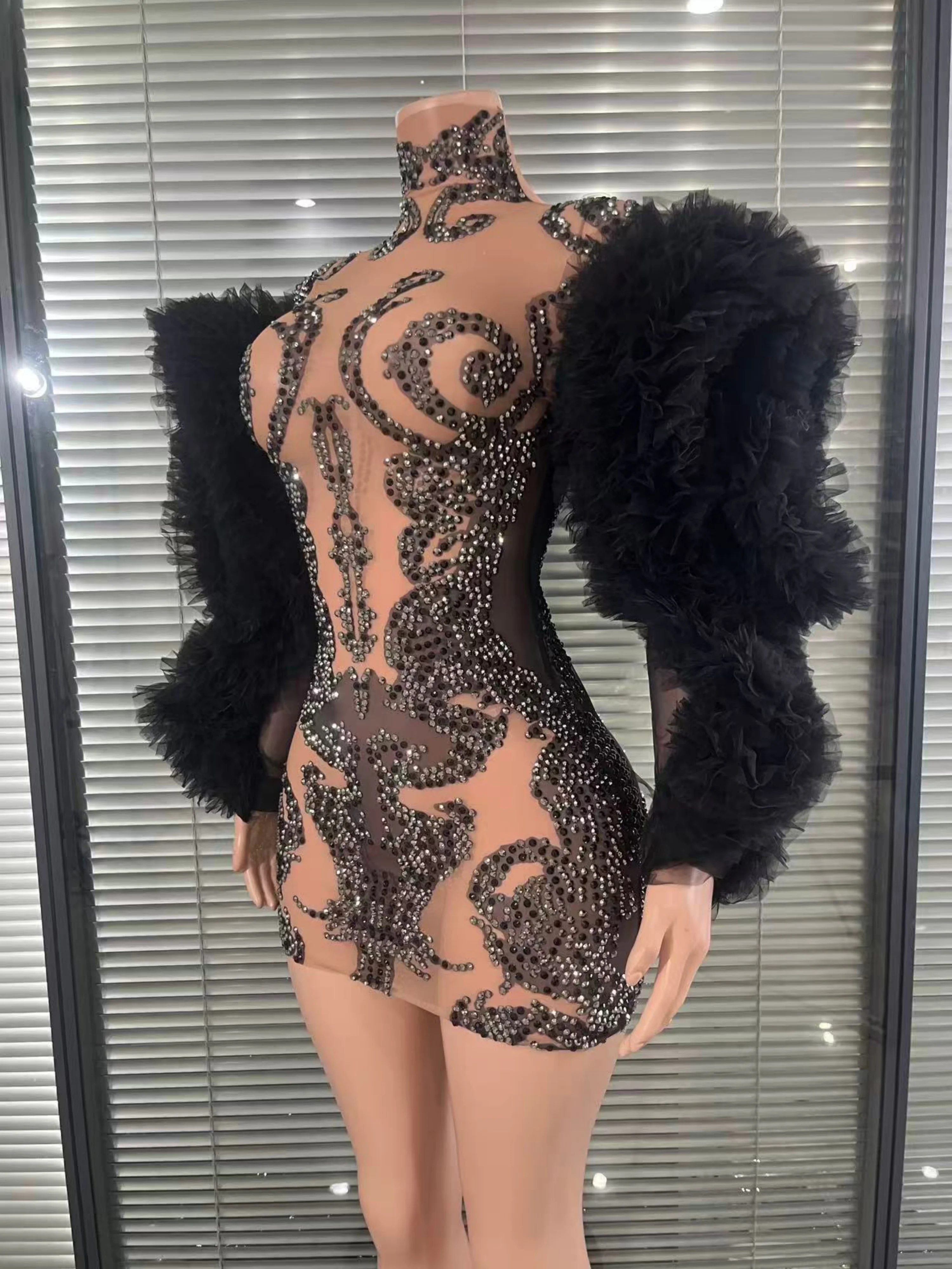 Avant-Garde Printed Rhinestones Long Puff Sleeve Bodycon Mesh MiniDress  Evening Club Party Nightbar Stage Performance